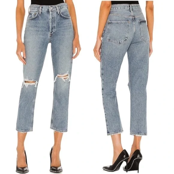 AGOLDE Riley High Rise Straight Crop Jeans in Distressed Escalate Wash Size 28 - Picture 9 of 12